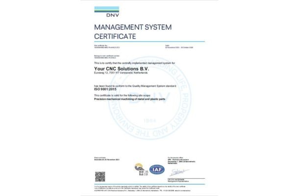 ISO 9001 2015 certificaat Your CNC Solutions ISO 9001 2015 certificaat Your CNC Solutions